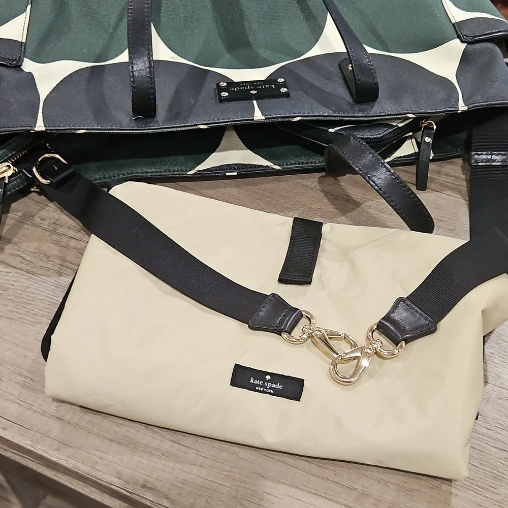 Kate Spade Dark Green & Cream Circle Diaper Tote with changing mat